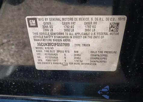 2015 Chevrolet Silverado 1500 2Lz z USA, uszkodzony, nr VIN 3GCUKSEC0FG537689